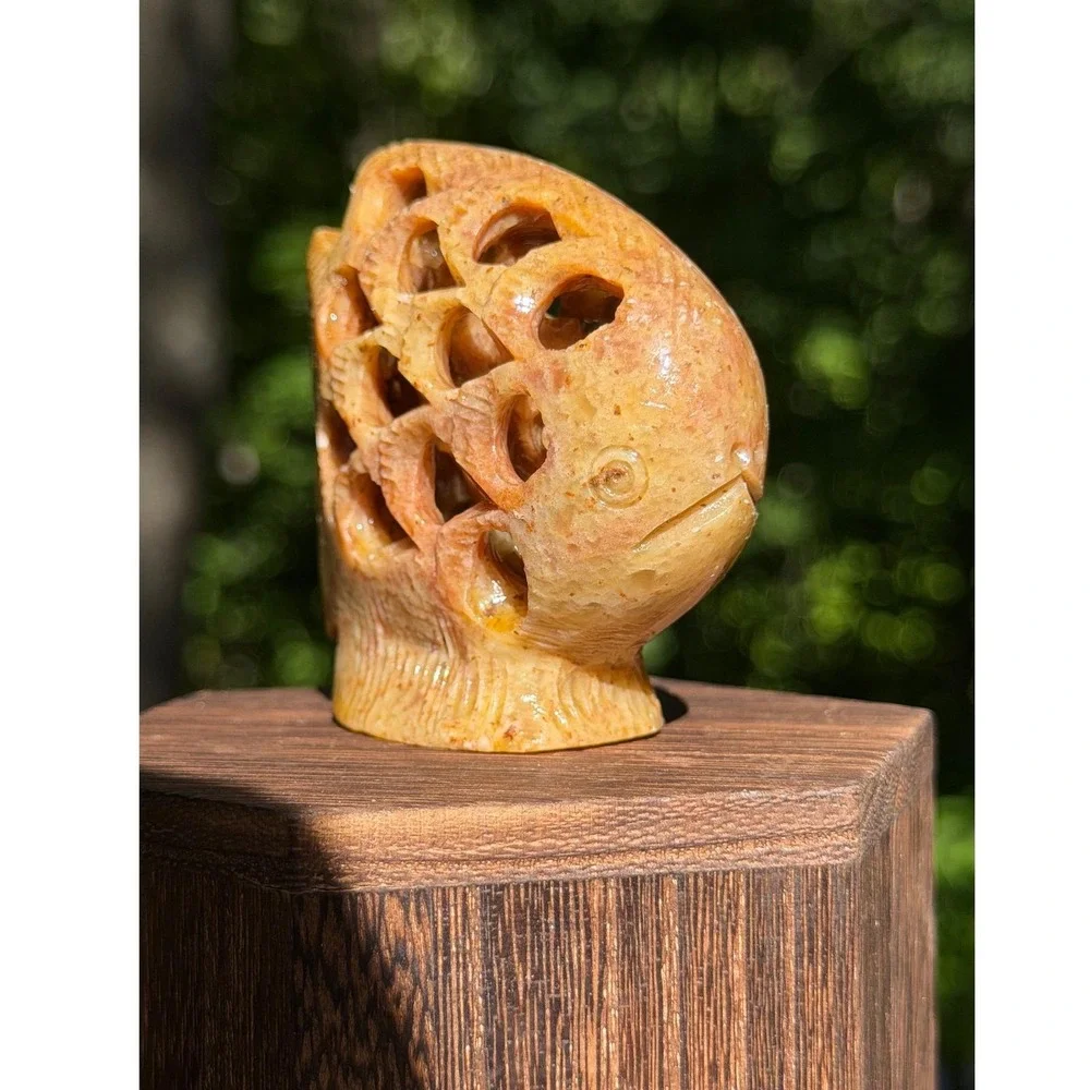 Figurine‎ Soapstone Fish Carved Amber Brown Reticulated Stone Vintage Decor